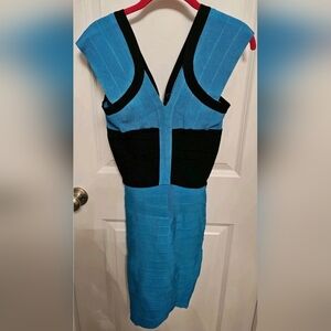Herve Leger Bandage Dress Teal Blue Black Colorblock V-Neck Bodycon Size L